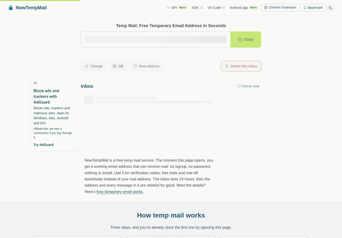 Captured homepage of nowtempmail.com in the current scan