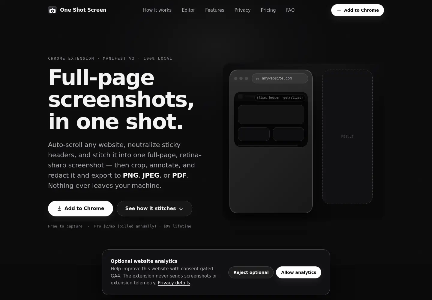 Captured homepage of oneshotscreen.com in the current scan