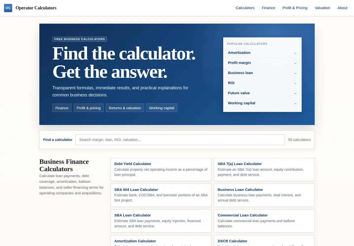 Screenshot of operatorcalculators.com