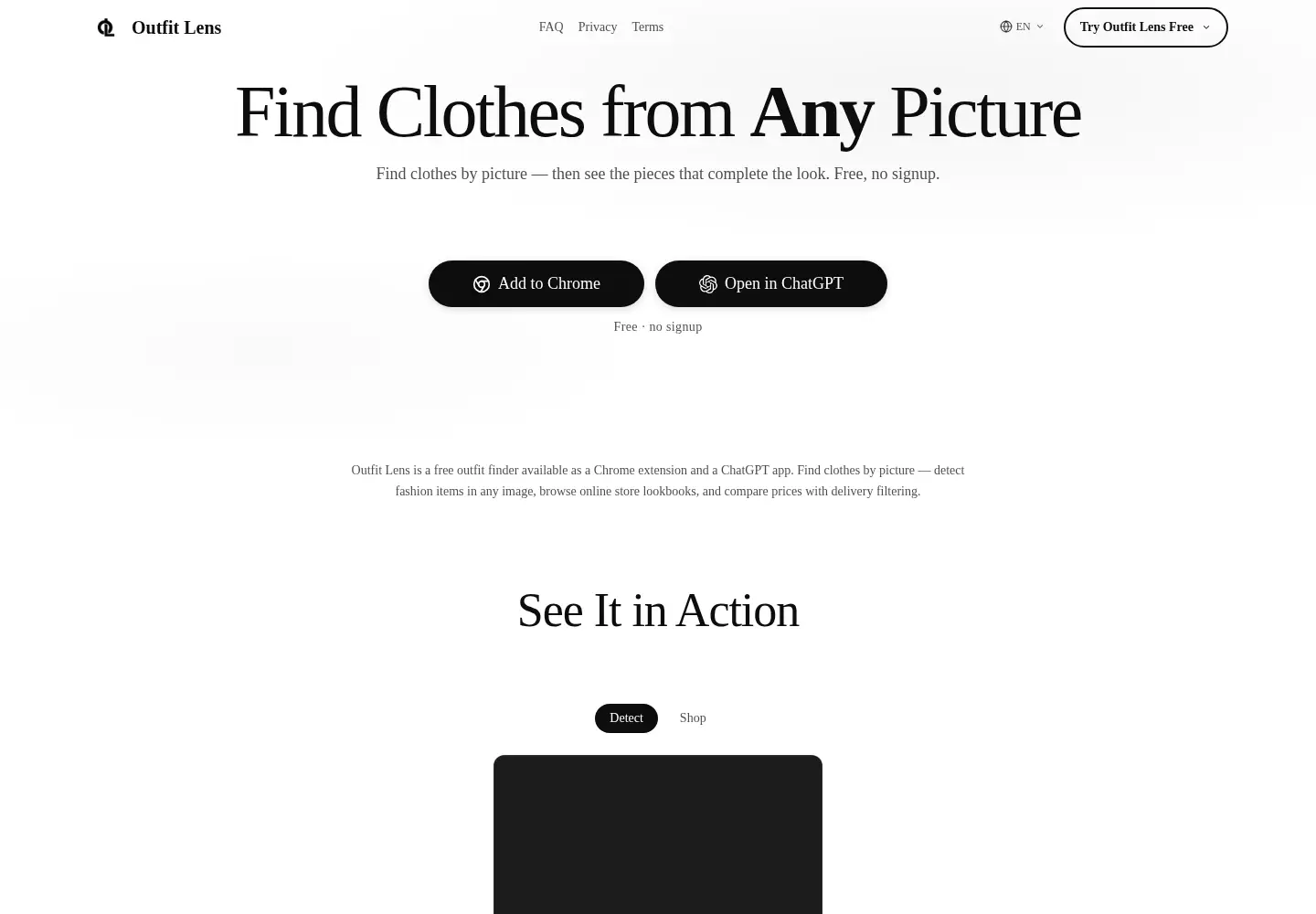 Captured homepage of outfitlens.com in the current scan