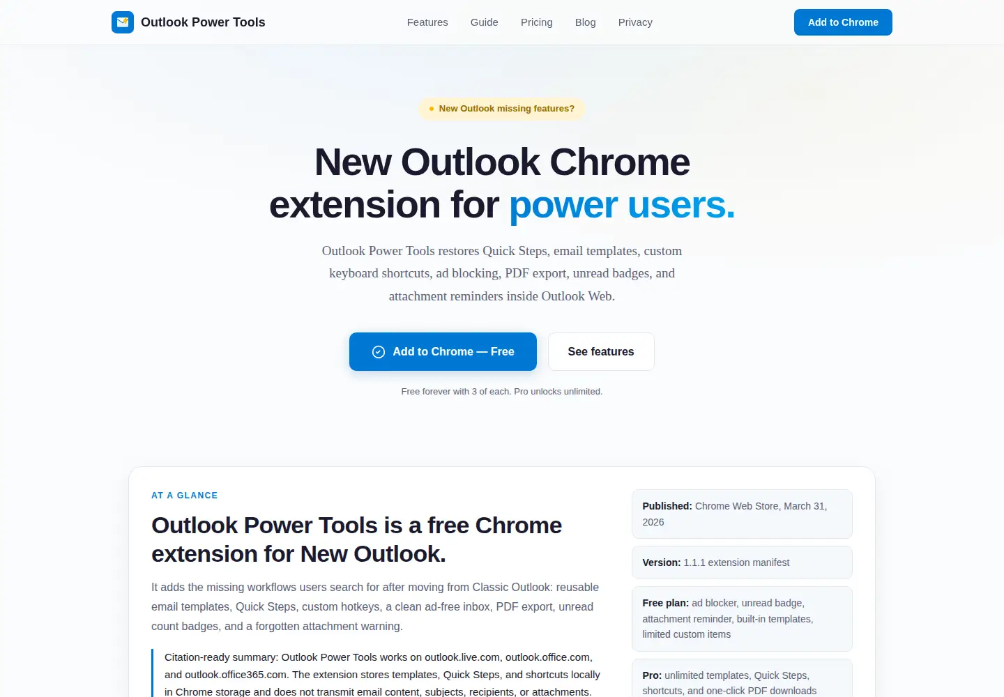 Screenshot of outlookpowertools.com