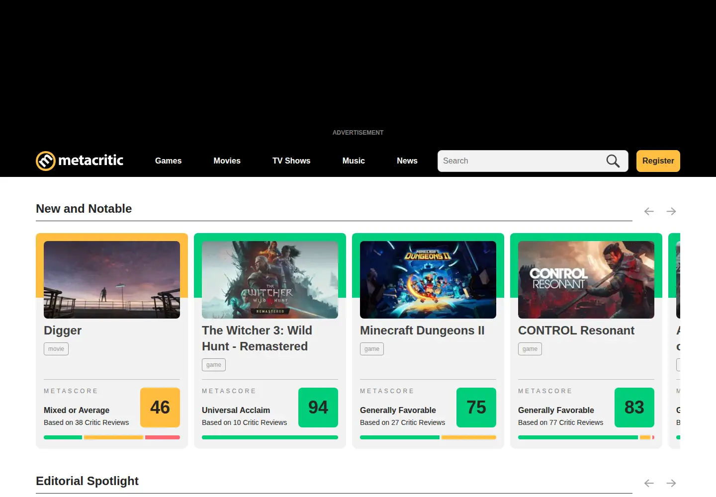 Screenshot of metacritic.com