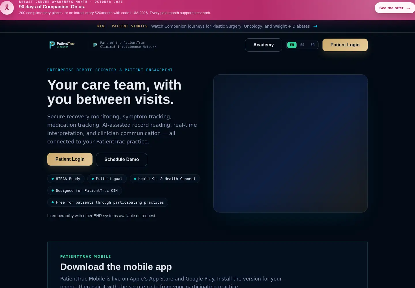 Screenshot of patienttraccompanion.com