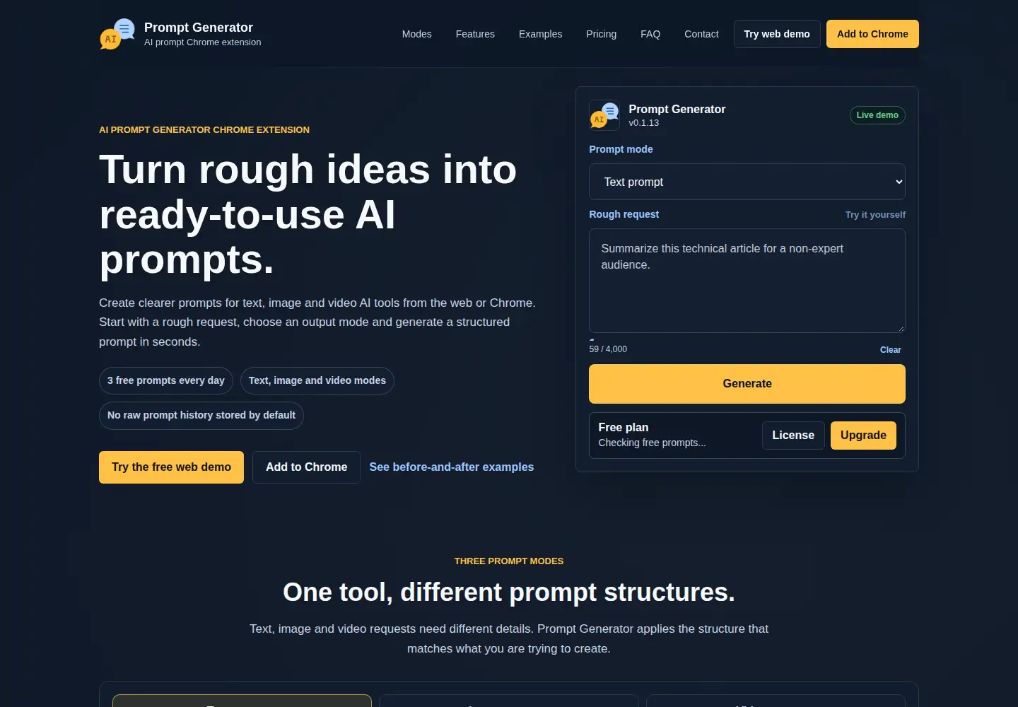 Screenshot of promptgeneratorextension.com