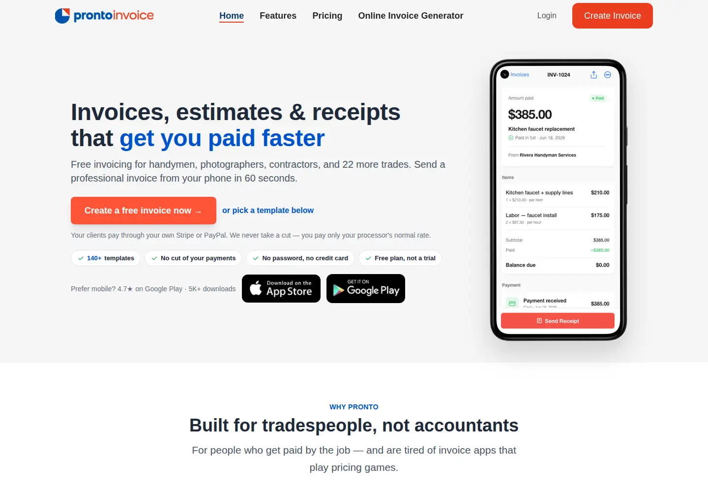 Captured homepage of prontoinvoice.com in the current scan