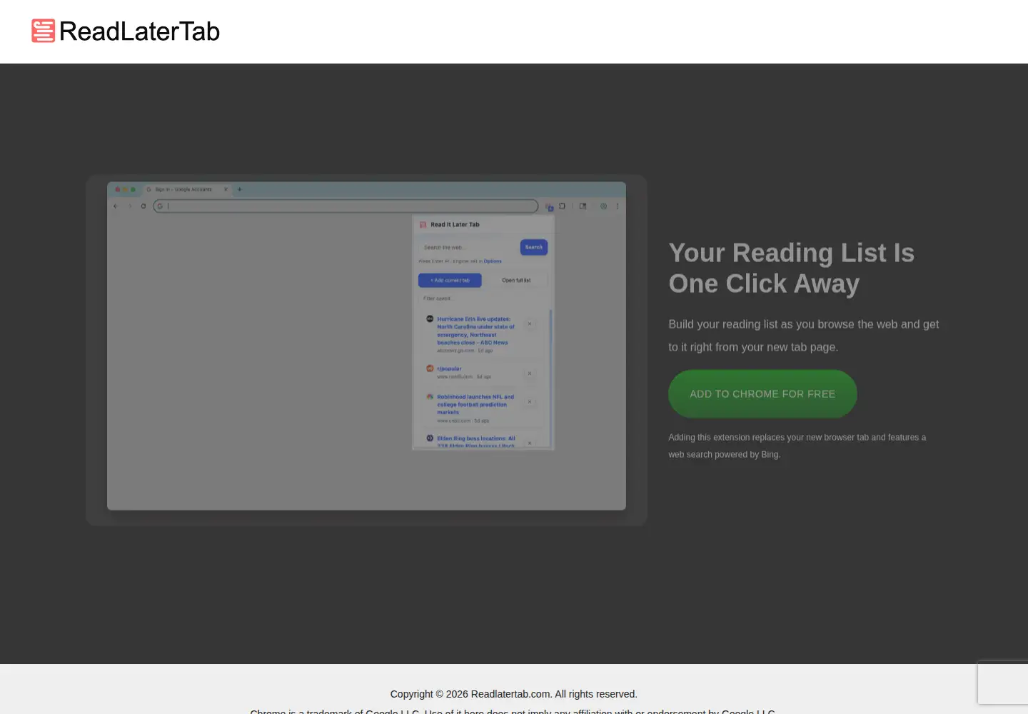 Captured homepage of readlatertab.com in the current scan