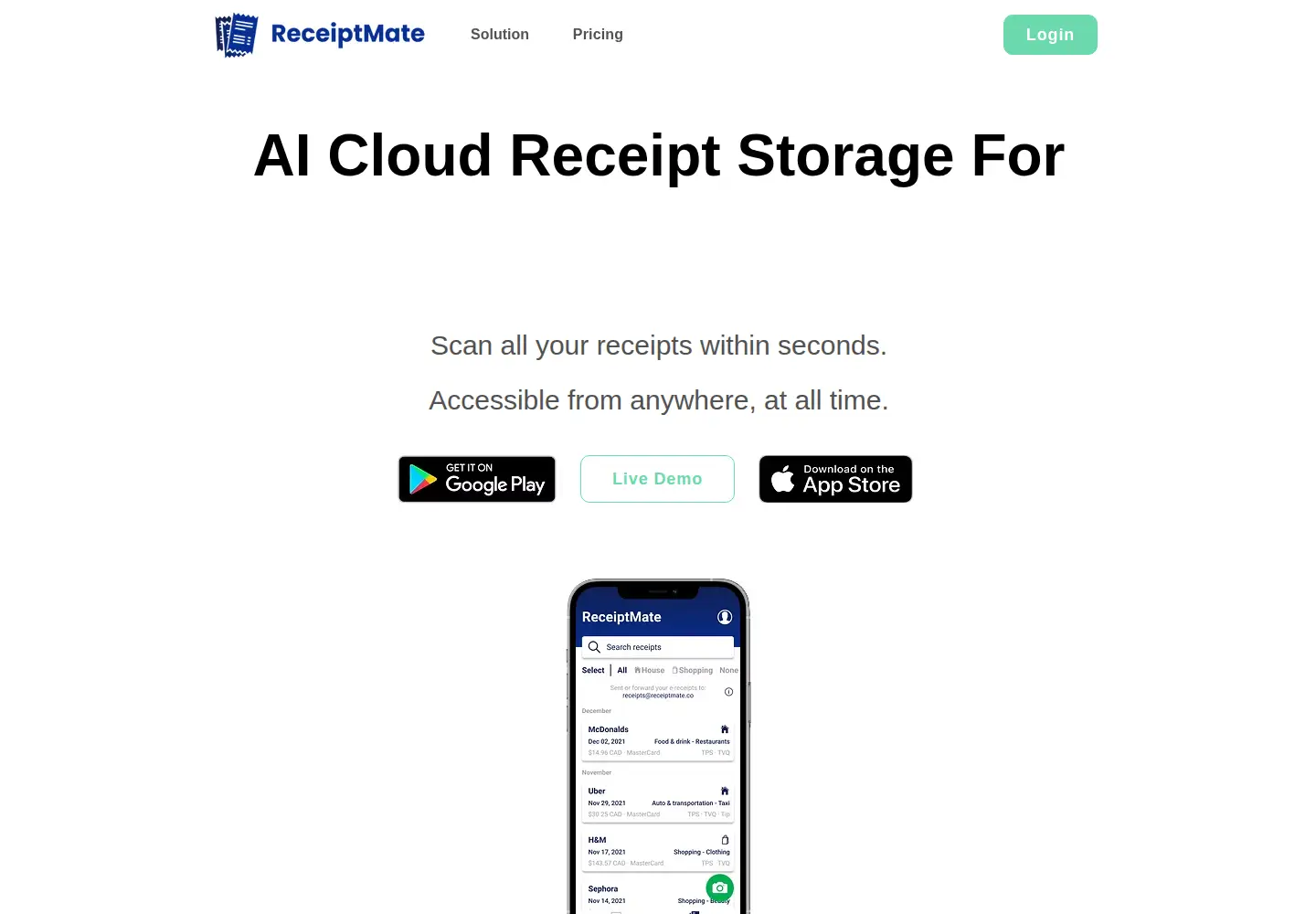 Screenshot of receiptmate.com