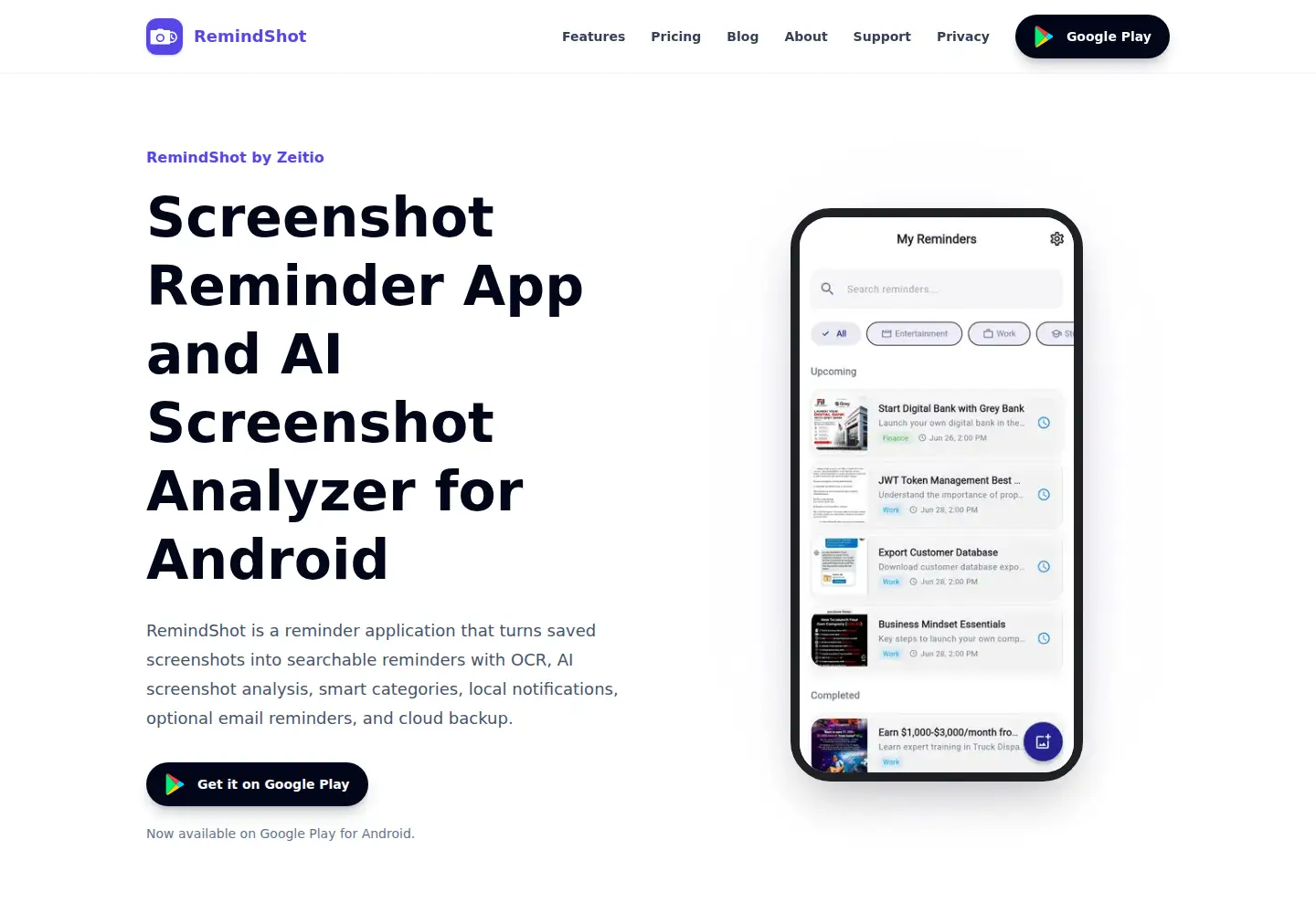 Captured homepage of remindshot.com in the current scan