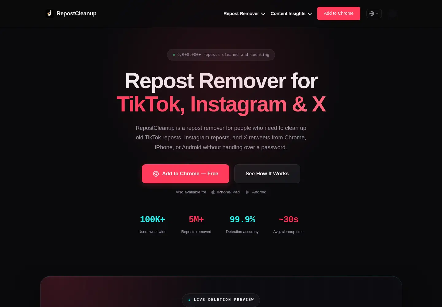 Screenshot of repostcleanup.com