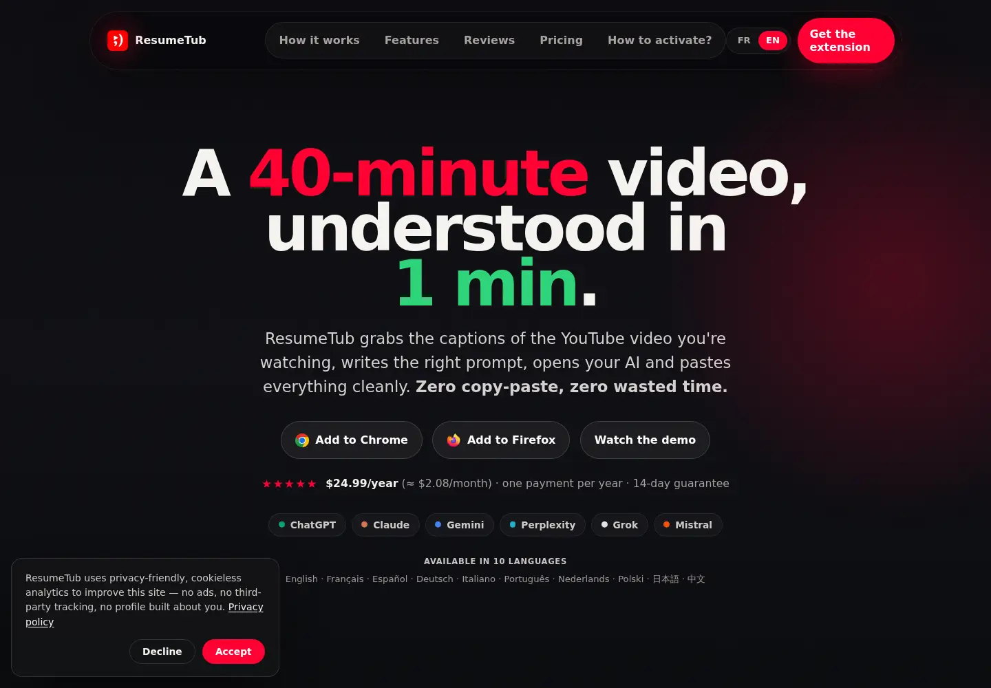 Captured homepage of resumetub.com in the current scan