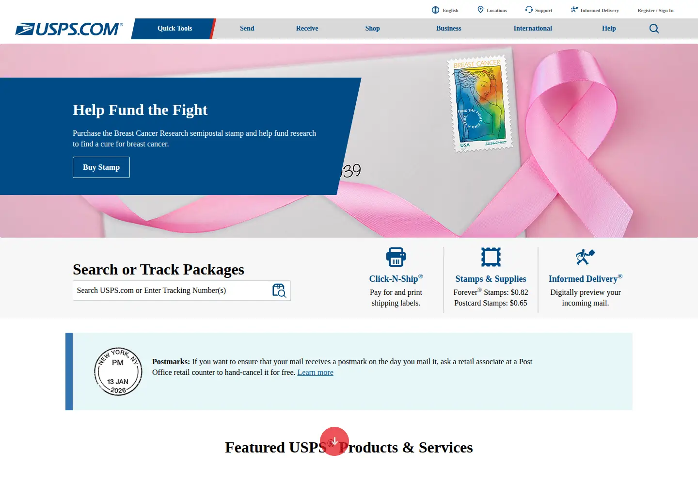Screenshot of usps.com
