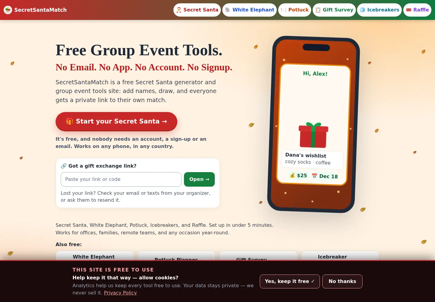Screenshot of secretsantamatch.com