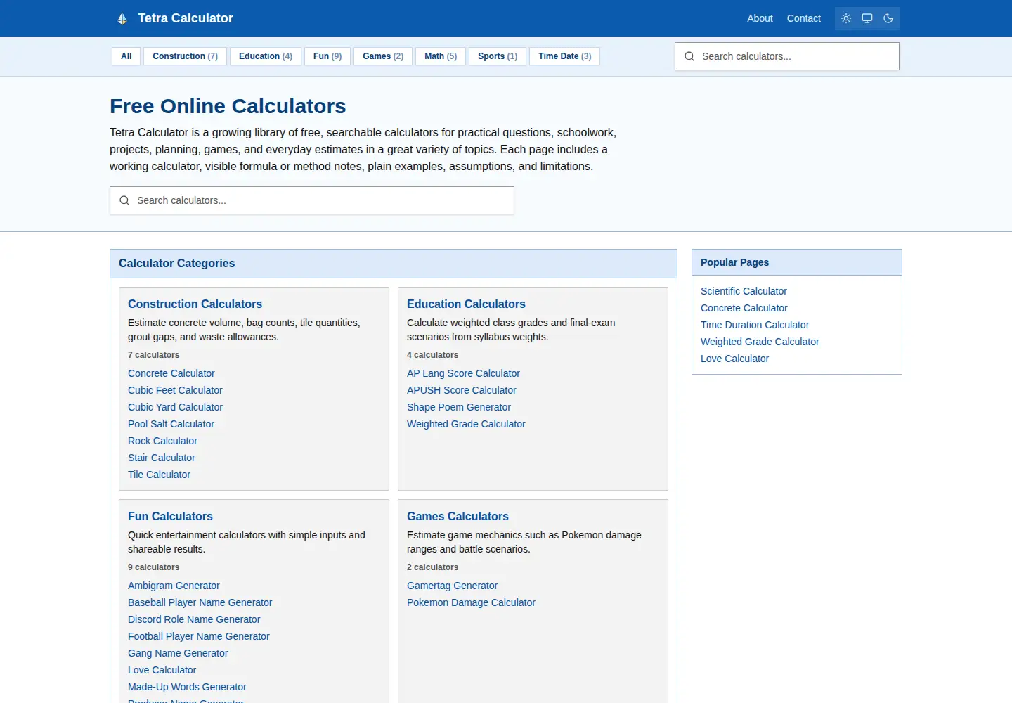Screenshot of tetracalculator.com