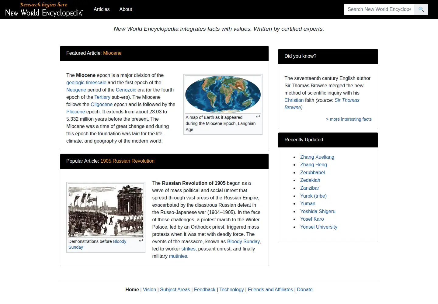 Captured homepage of newworldencyclopedia.org in the current scan