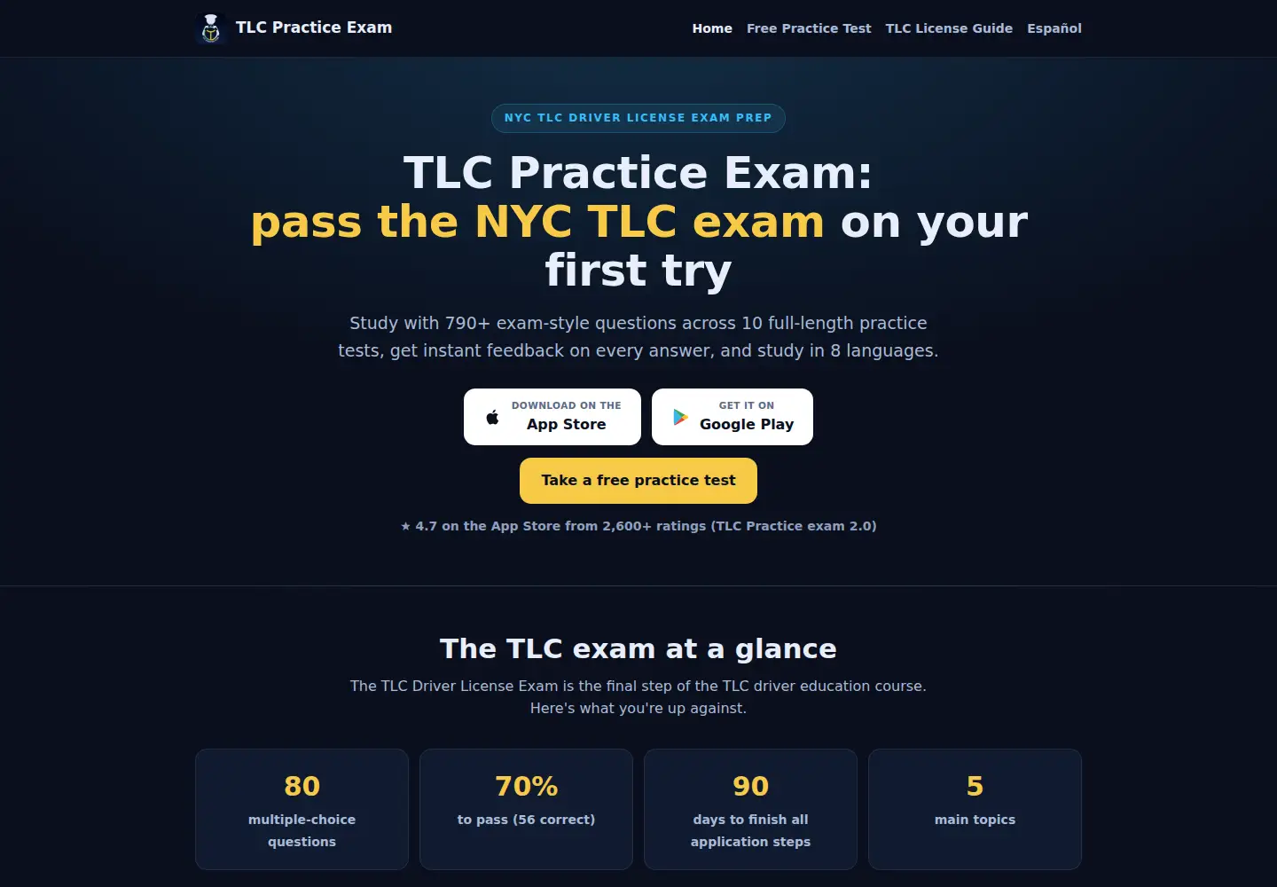 Screenshot of tlcpracticeexam.com