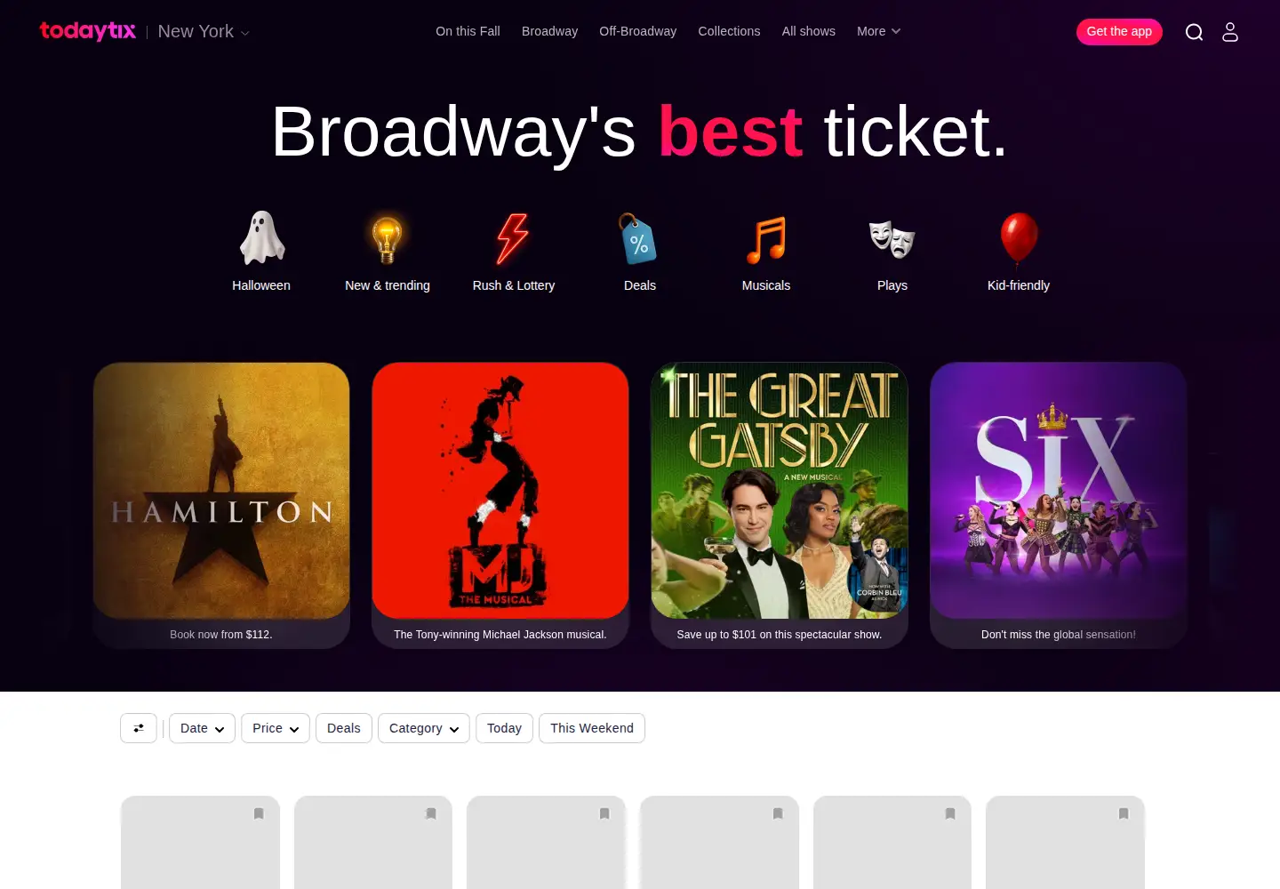 Screenshot of todaytixlive.com