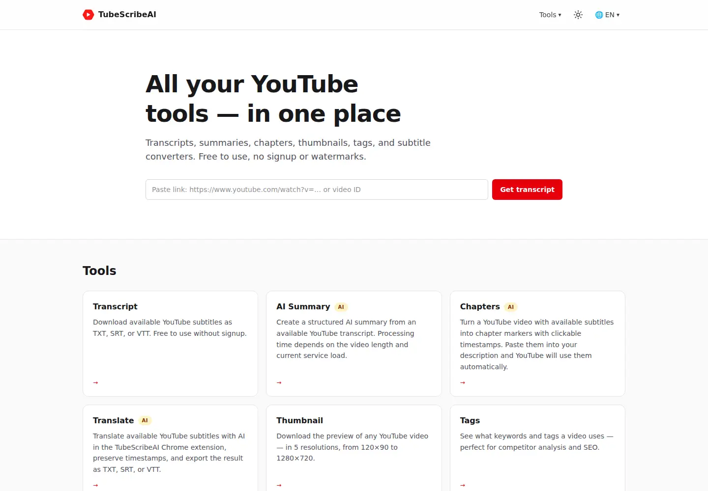 Captured homepage of tubescribeai.com in the current scan