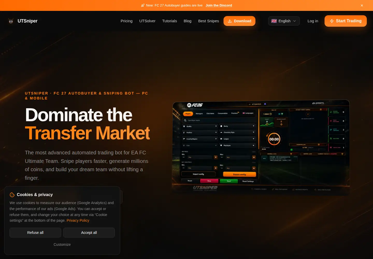 Captured homepage of utsniper.com in the current scan