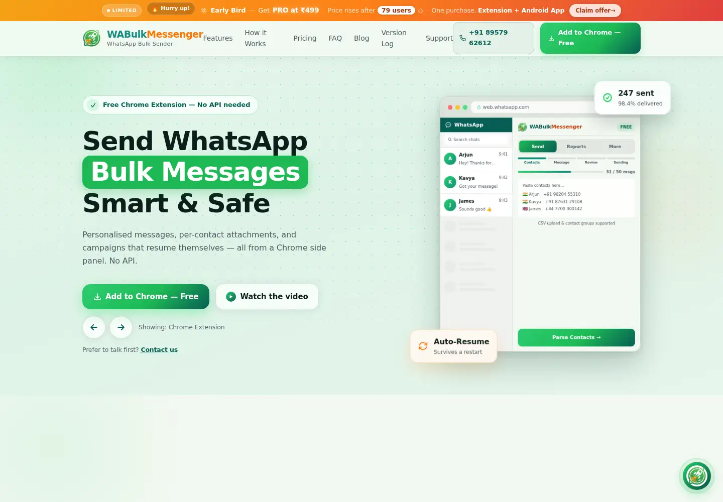 Captured homepage of wabulkmessenger.com in the current scan