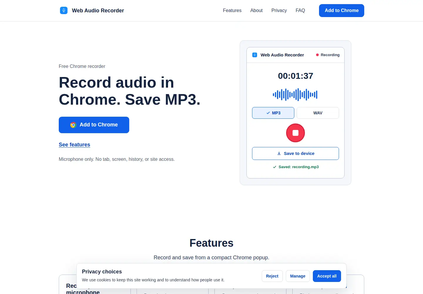 Captured homepage of webaudiorecorder.com in the current scan