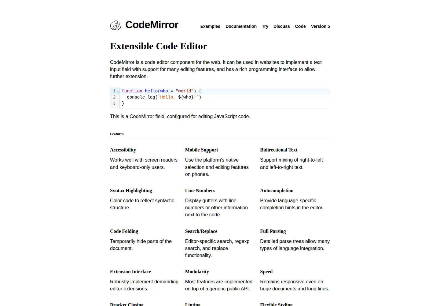 Screenshot of codemirror.net