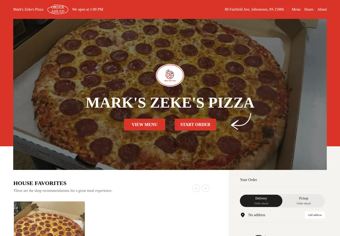 Captured homepage of zekespizzamenu.com in the current scan
