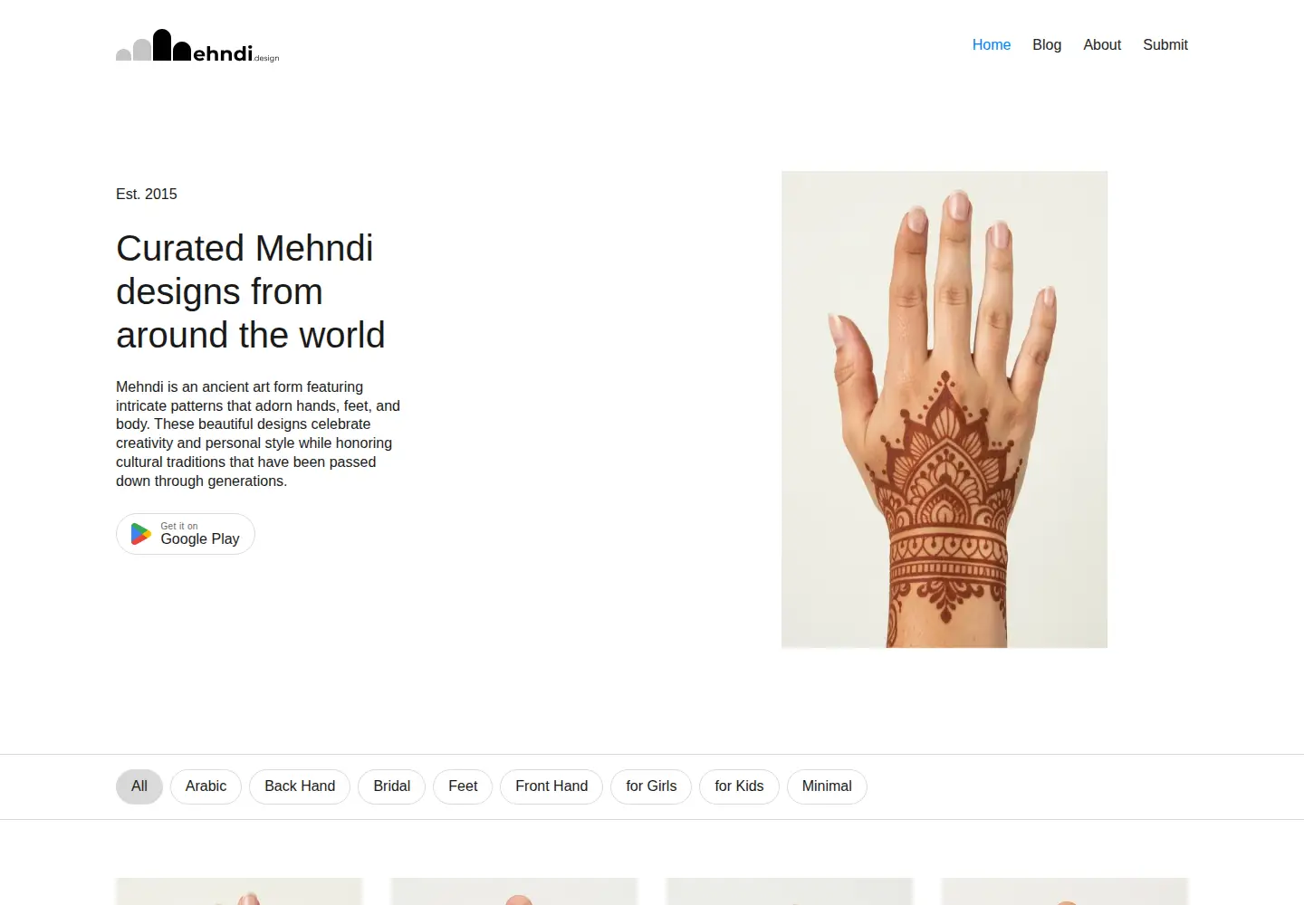 Captured homepage of mehndi.design in the current scan