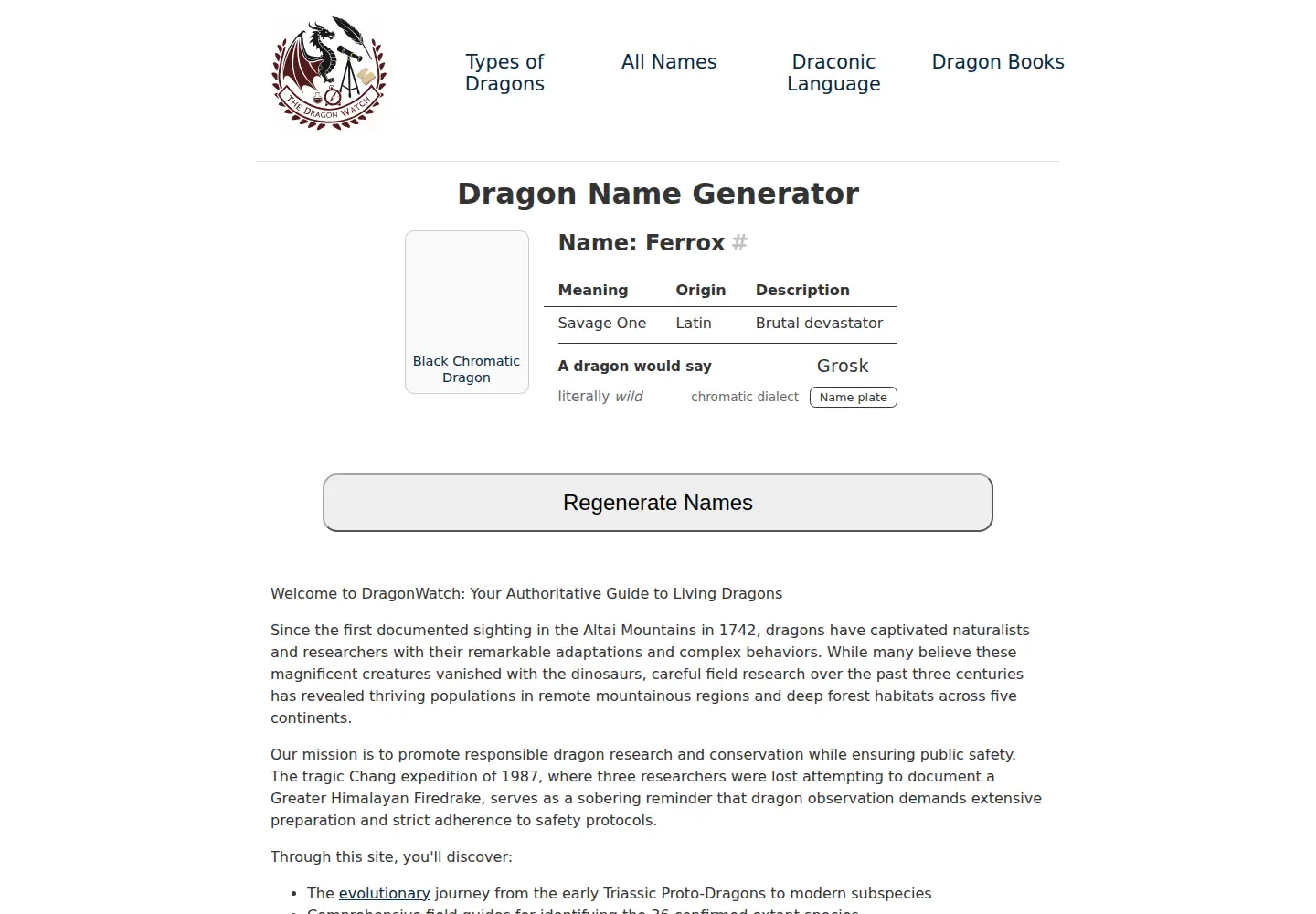 Captured homepage of dragonnamegenerator.dev in the current scan