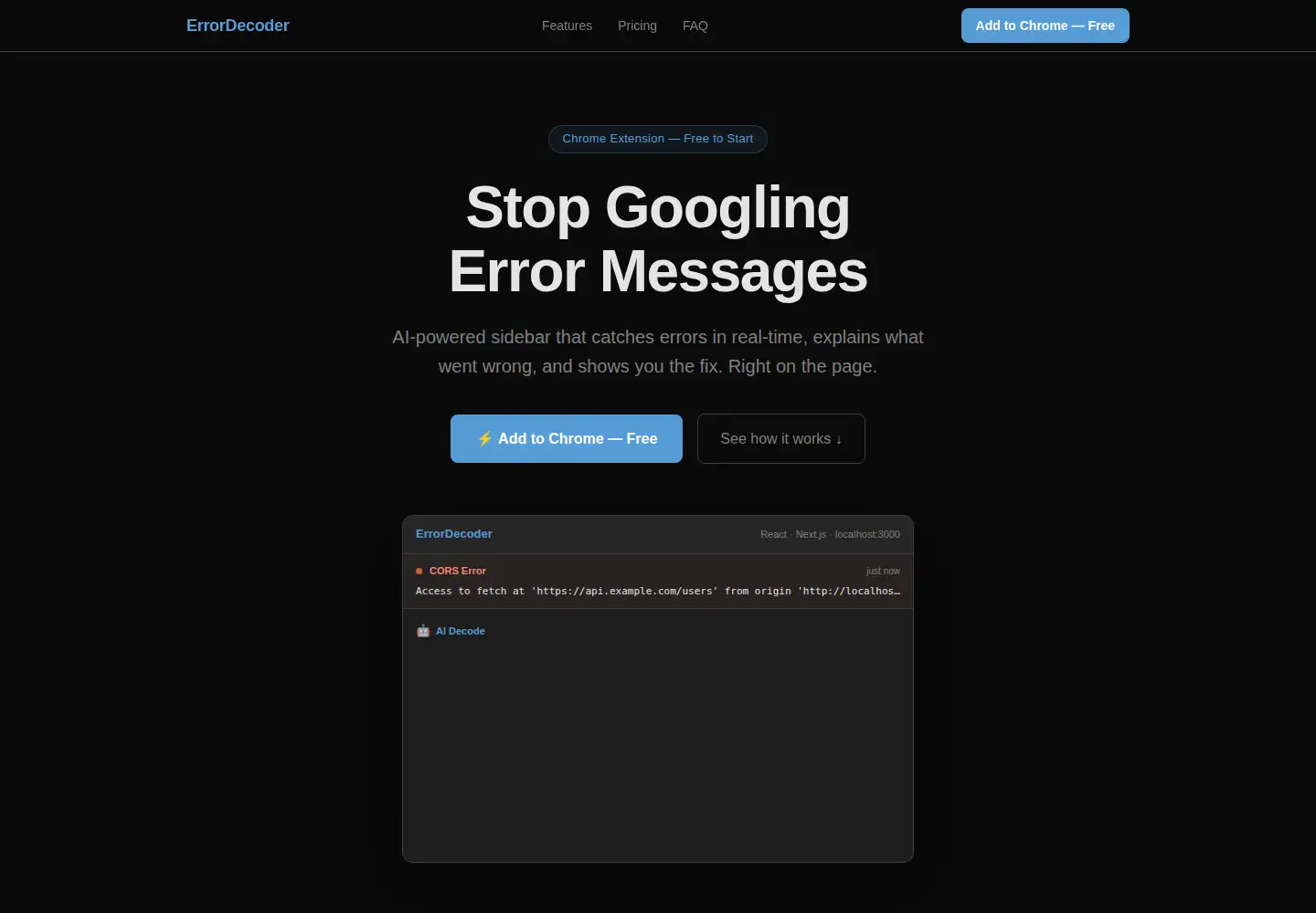 Captured homepage of errordecoder.dev in the current scan