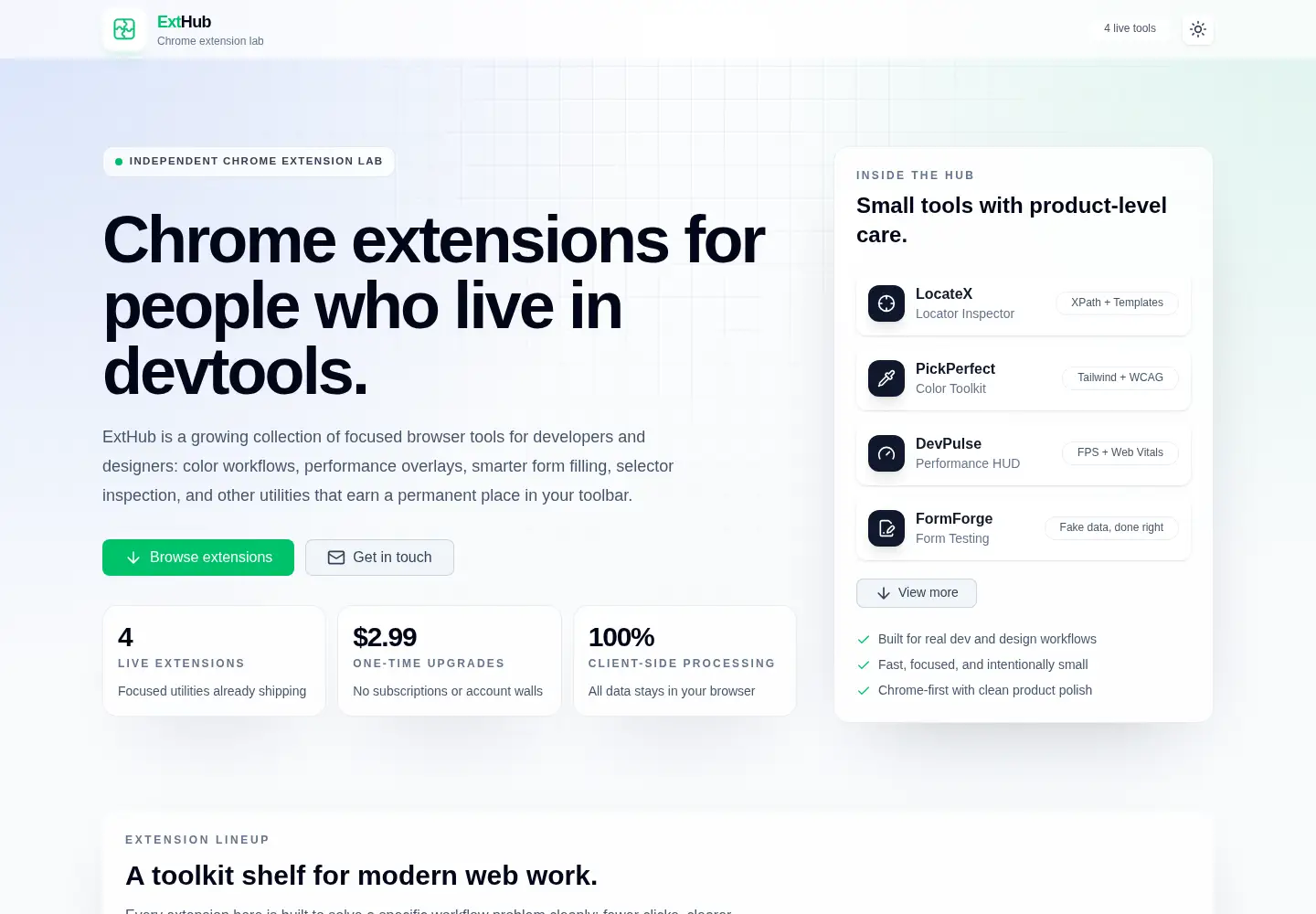 Captured homepage of exthub.dev in the current scan