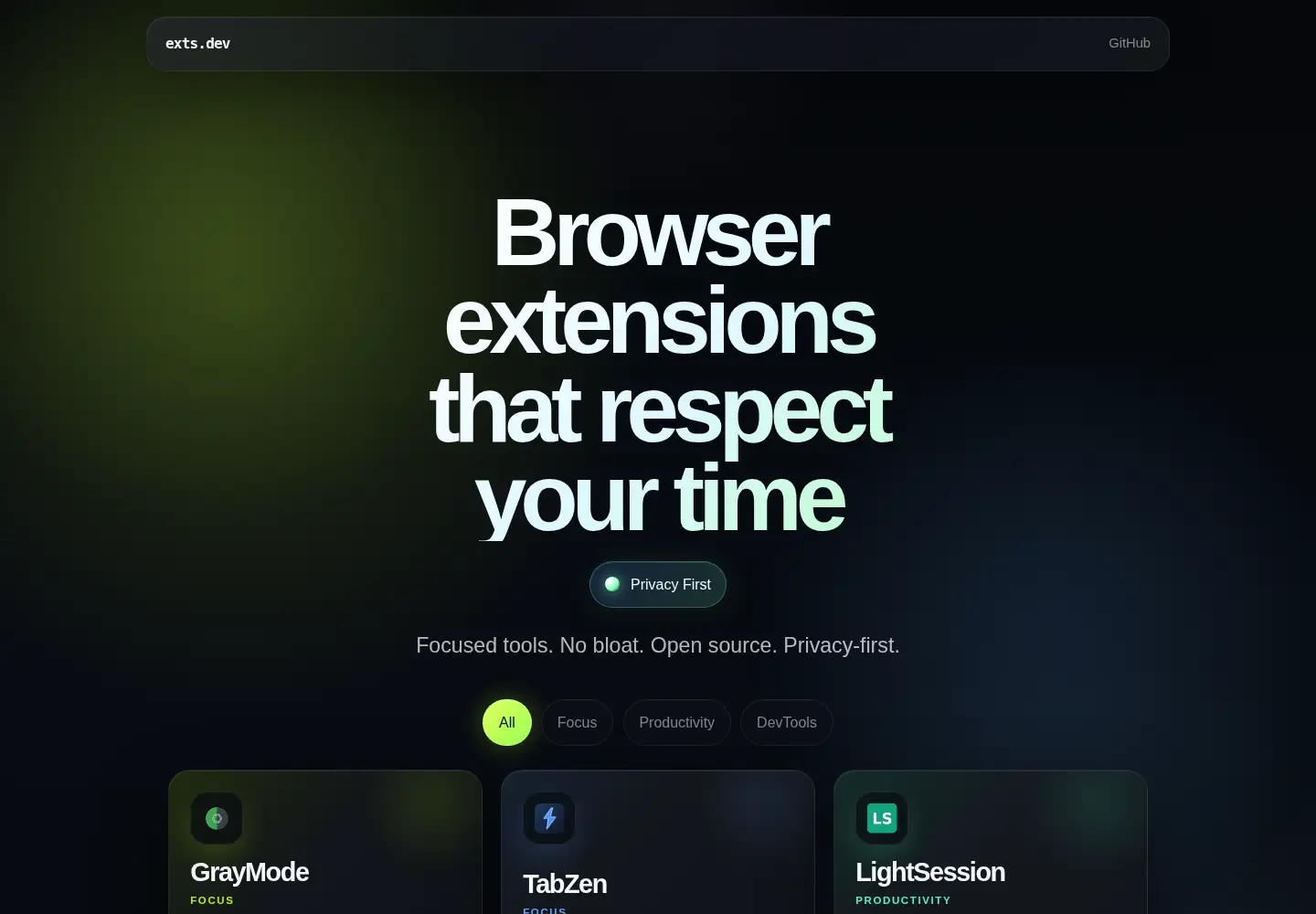 Screenshot of exts.dev