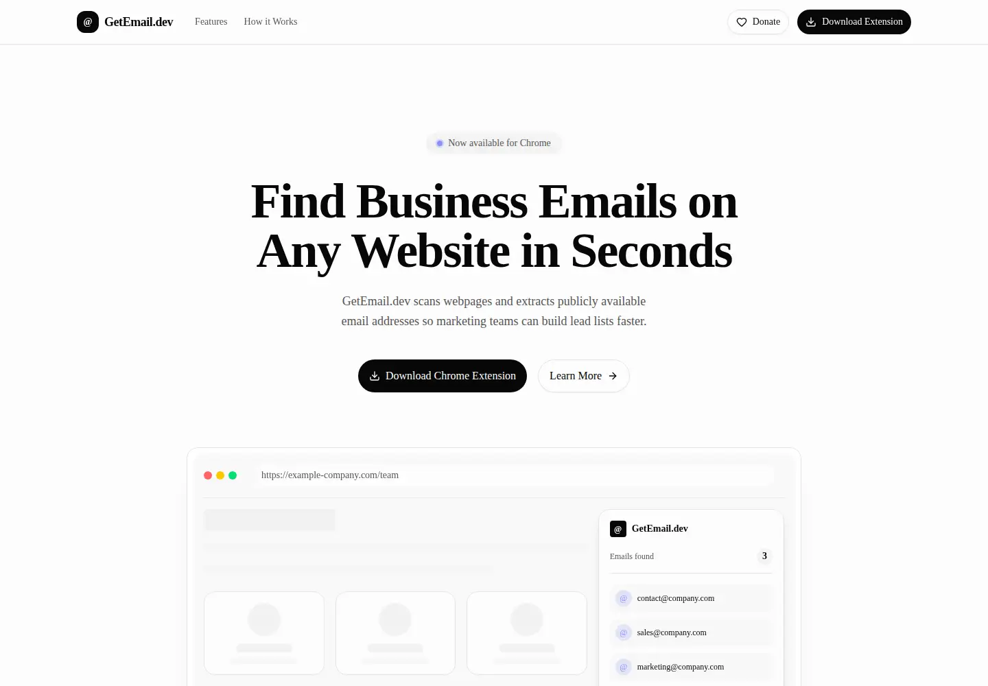 Captured homepage of getemail.dev in the current scan