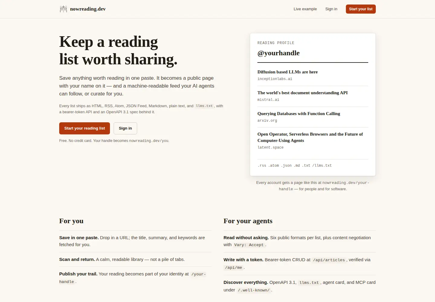 Captured homepage of nowreading.dev in the current scan