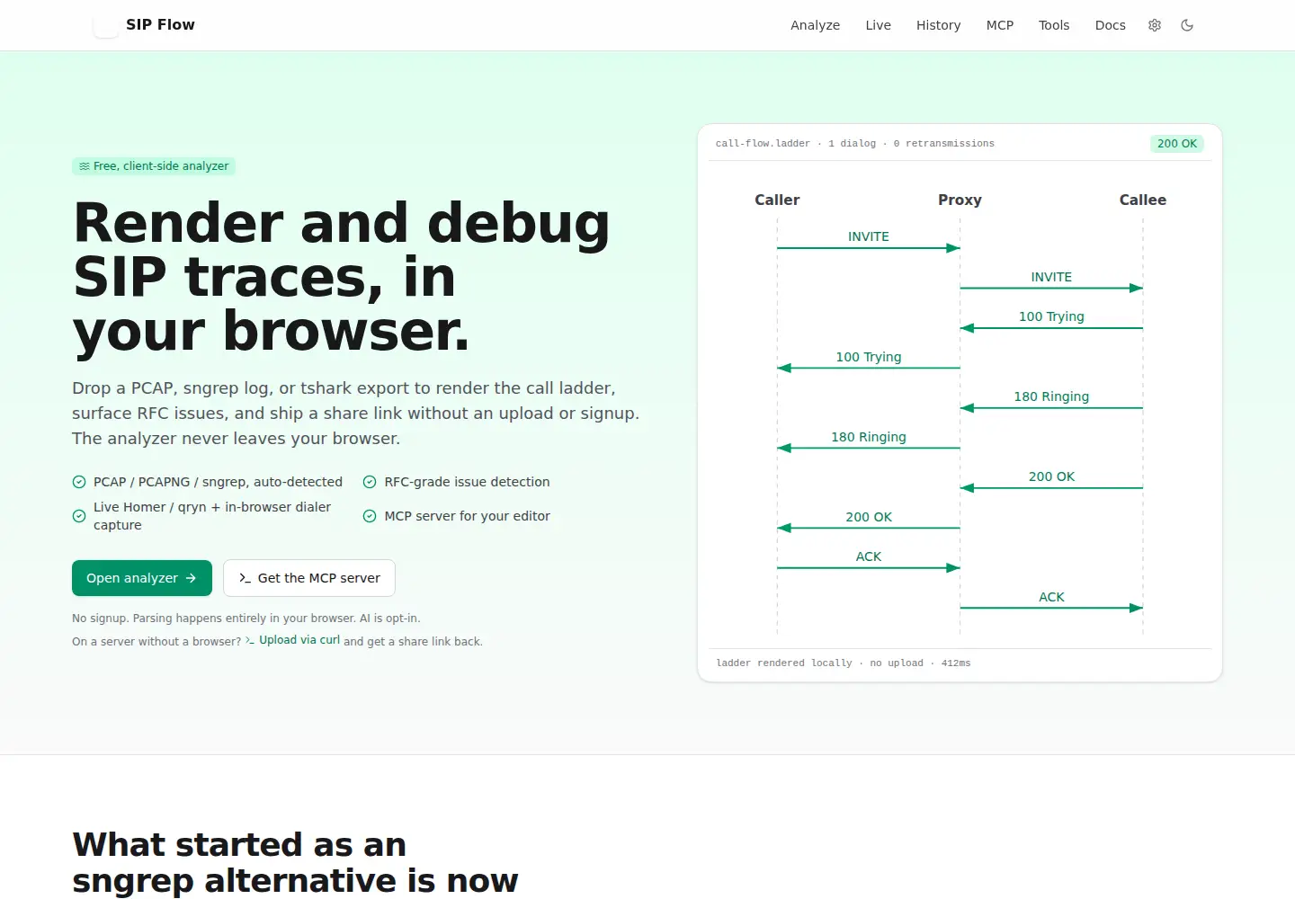 Captured homepage of sipflow.dev in the current scan