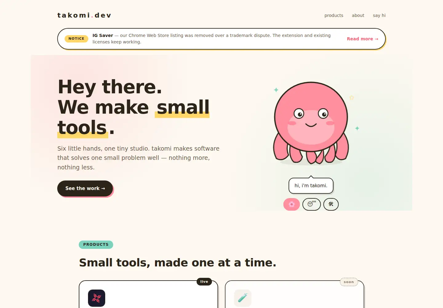 Captured homepage of takomi.dev in the current scan