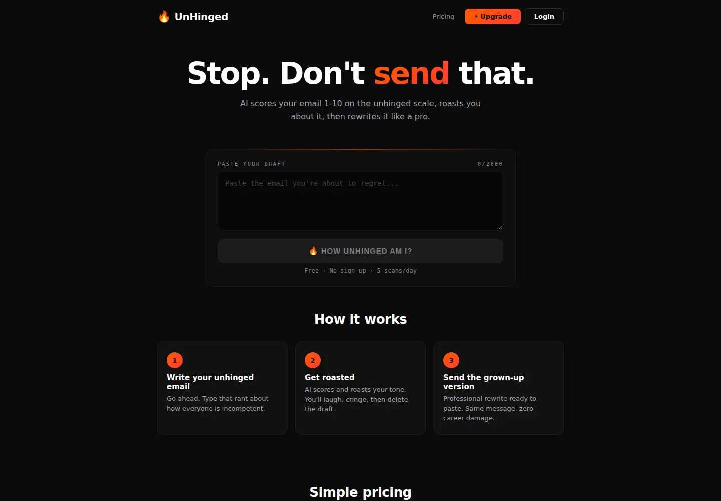 Captured homepage of unhinged.email in the current scan
