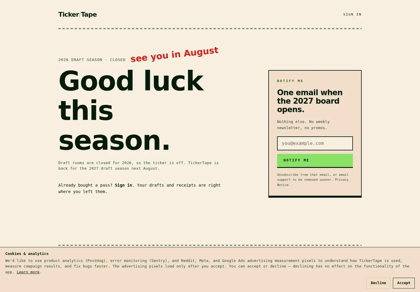 Captured homepage of tickertape.football in the current scan