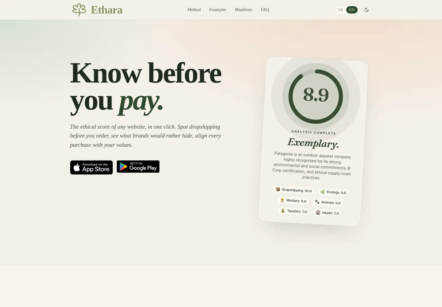 Captured homepage of ethara.fr in the current scan