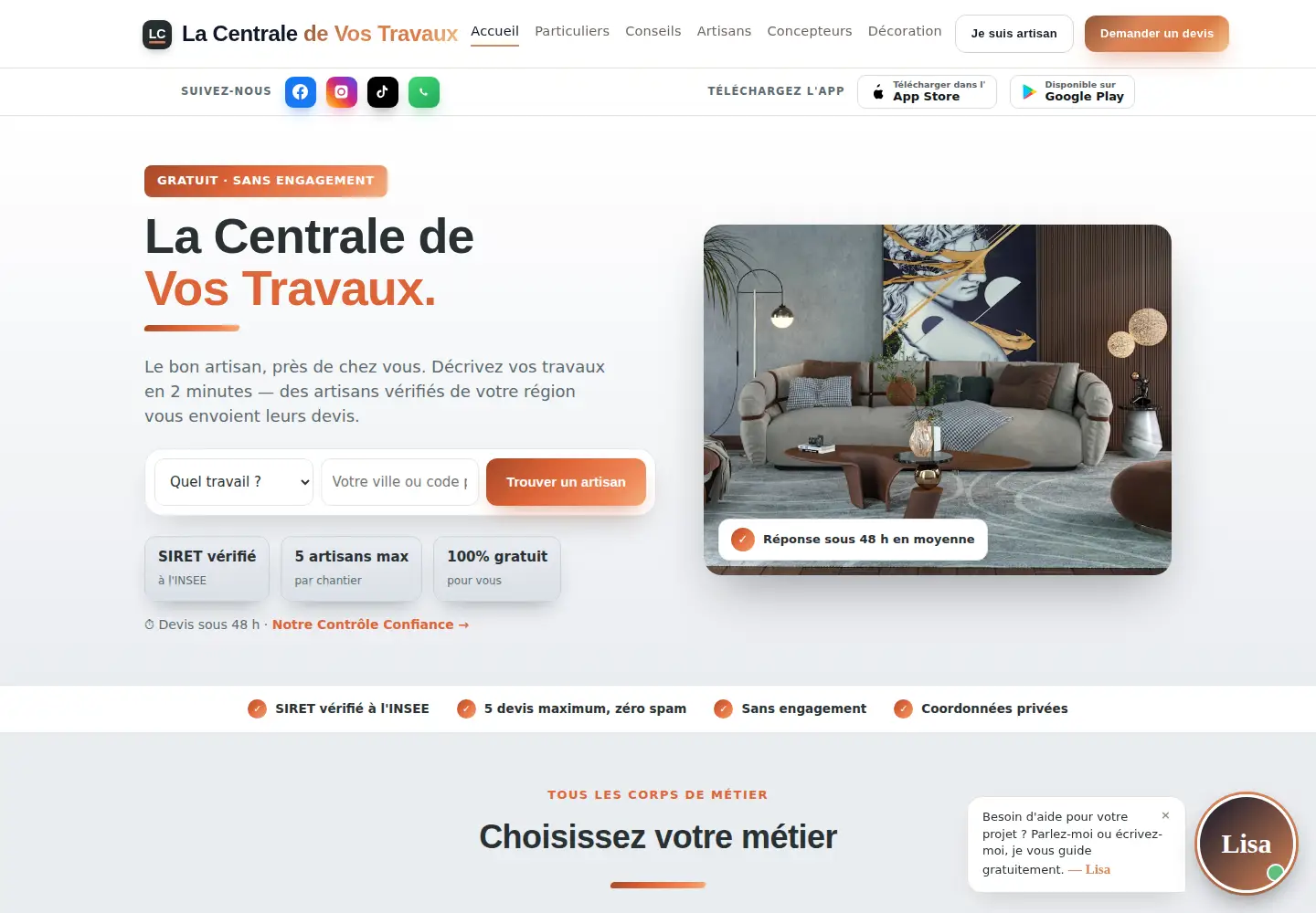 Captured homepage of lacentraledevostravaux.fr in the current scan