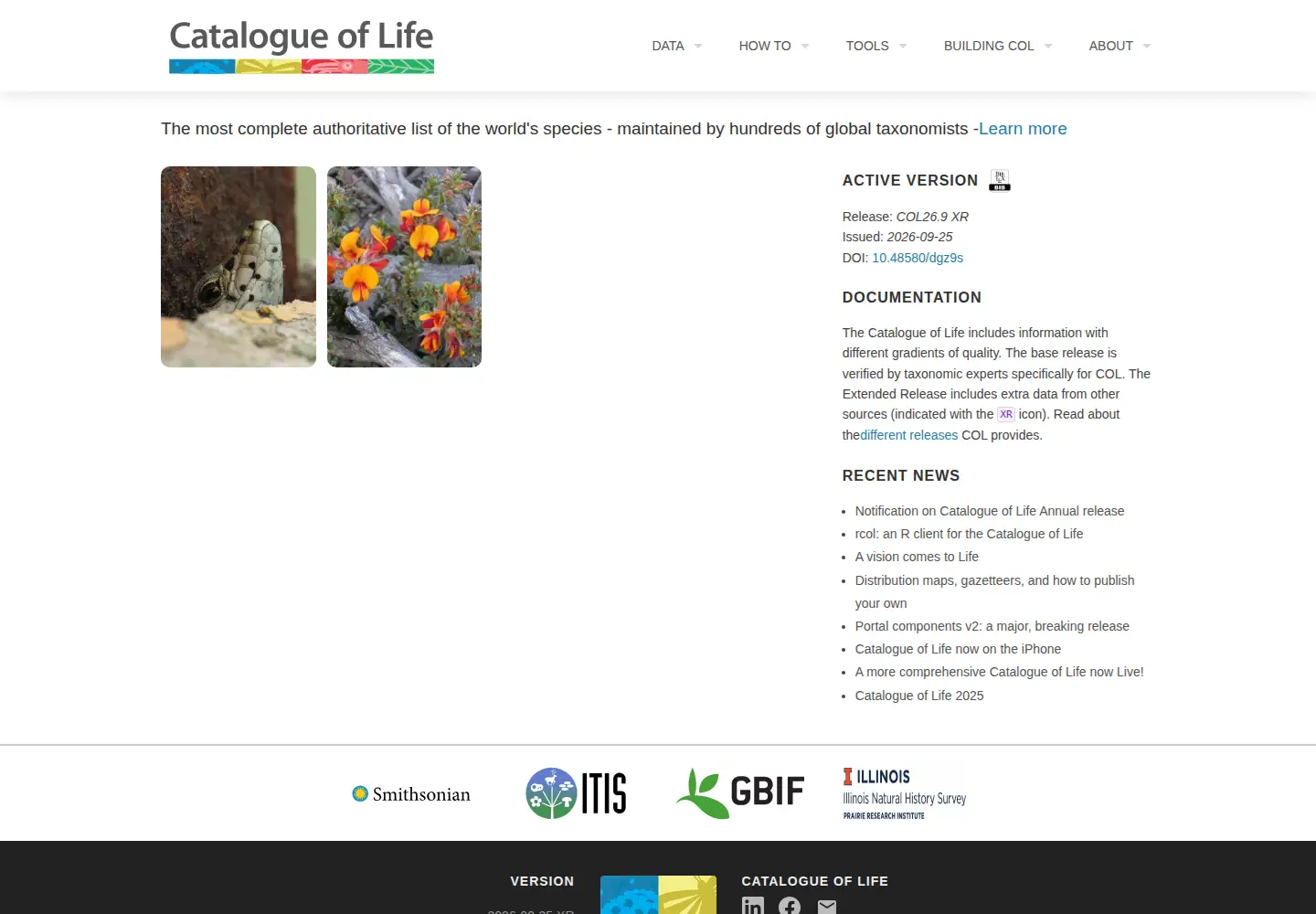 Screenshot of catalogueoflife.org