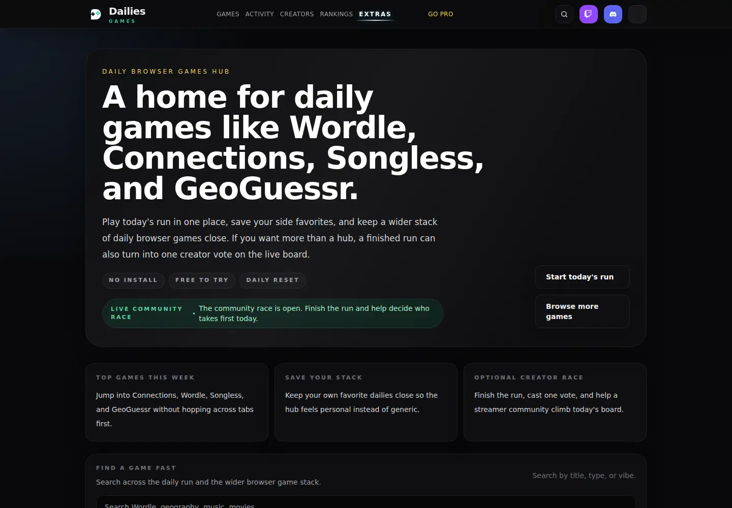 Captured homepage of dailies.games in the current scan