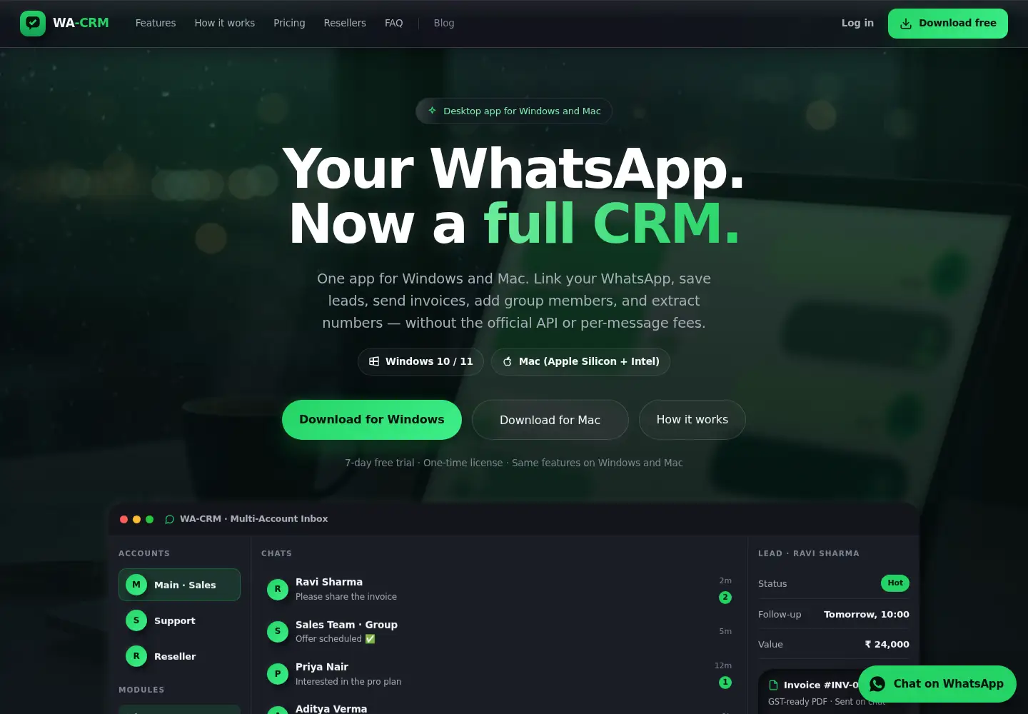 Captured homepage of wa-crm.in in the current scan