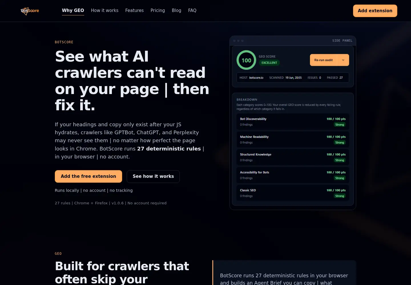 Captured homepage of botscore.io in the current scan