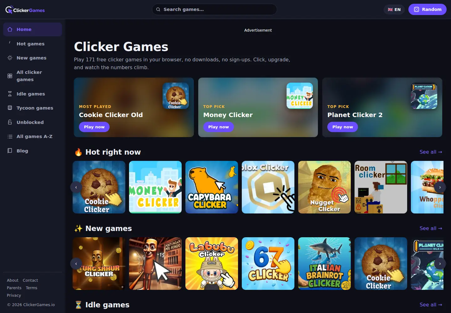Captured homepage of clickergames.io in the current scan