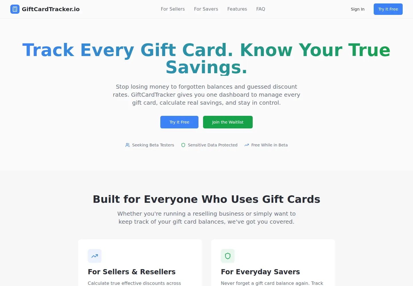 Screenshot of giftcardtracker.io