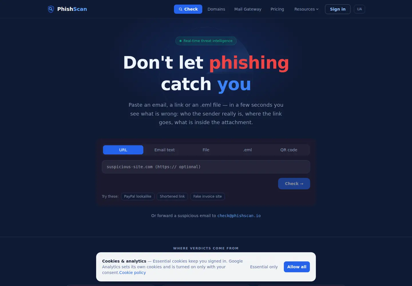 Captured homepage of phishscan.io in the current scan