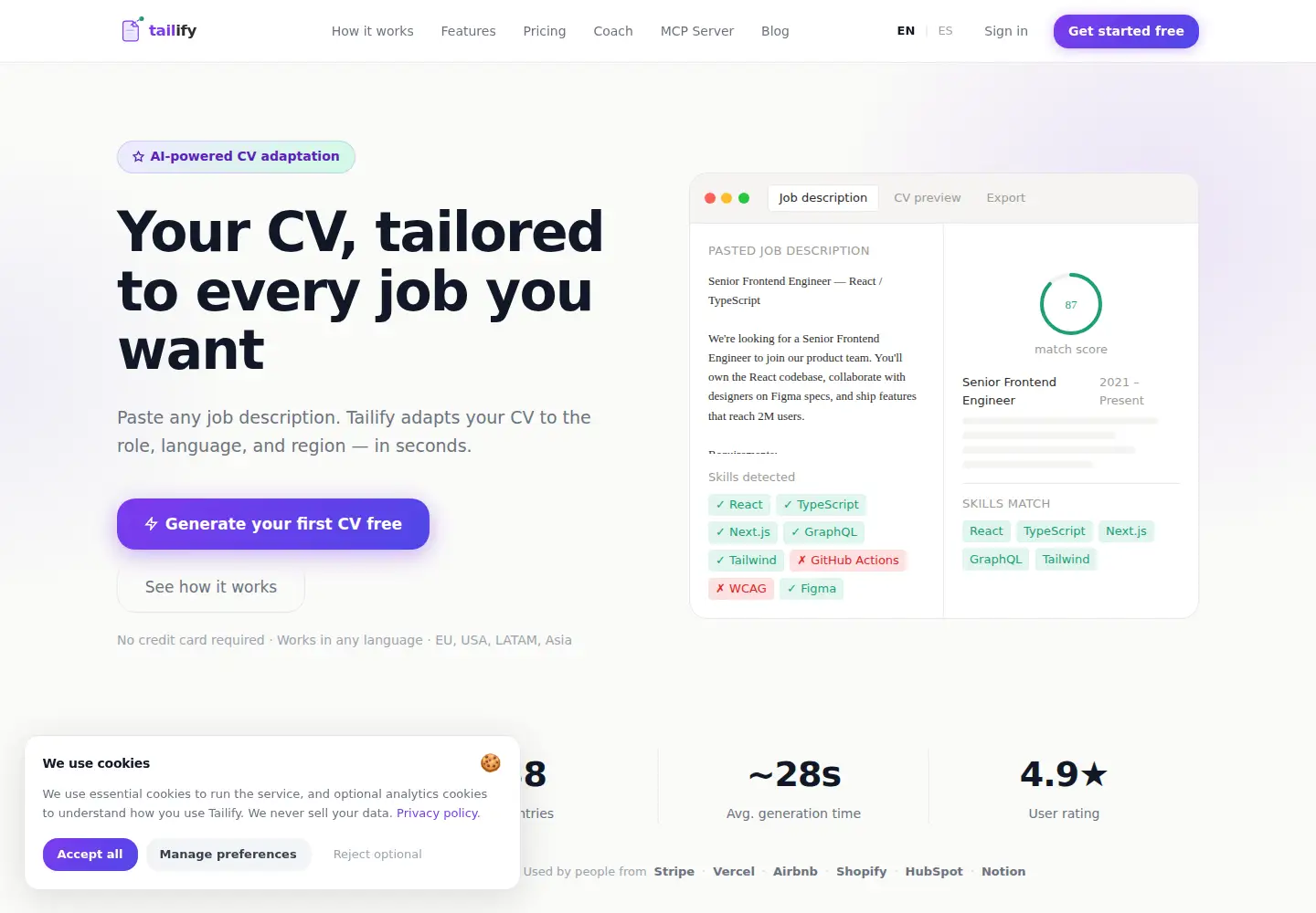 Screenshot of tailify.io