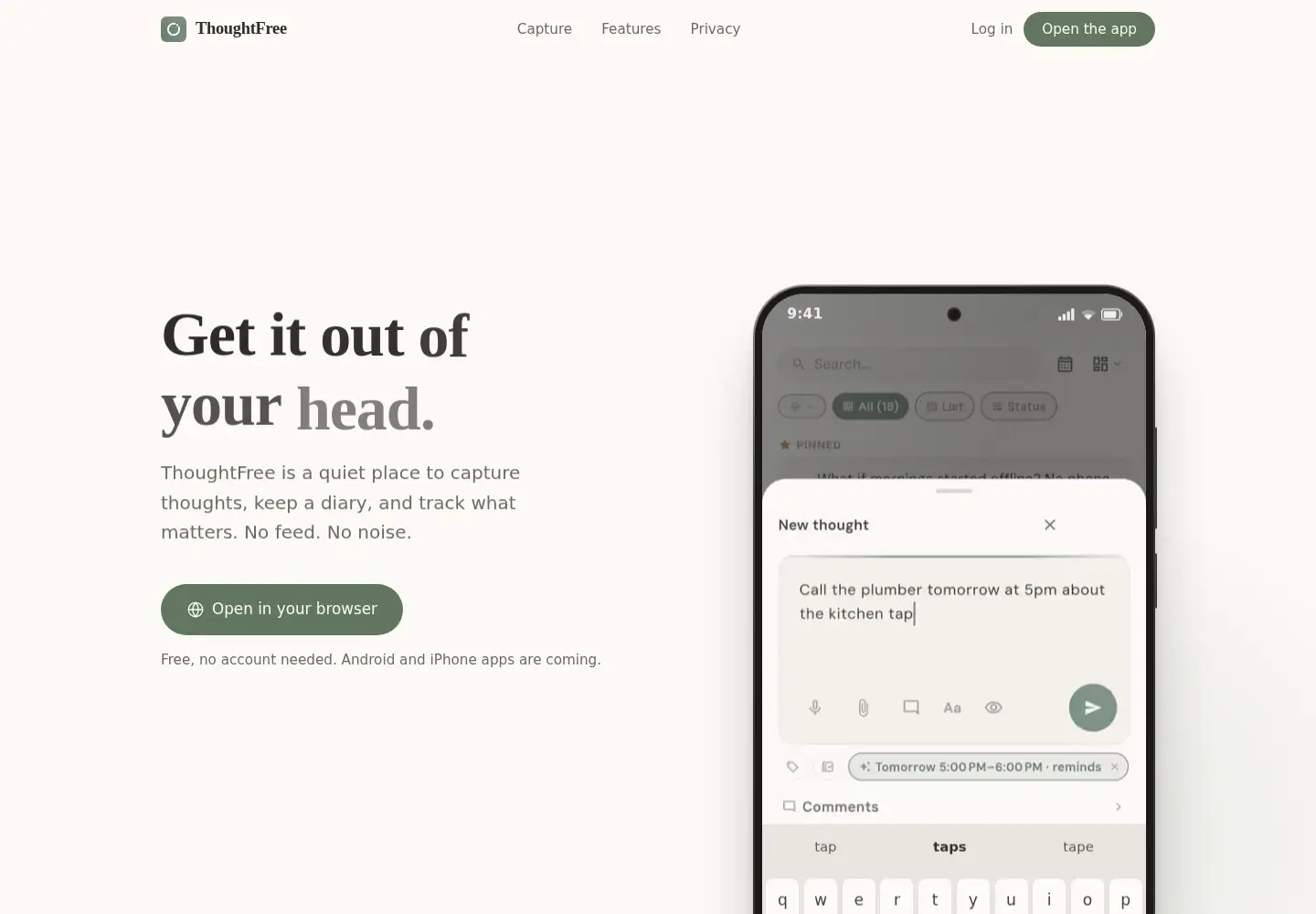 Captured homepage of thoughtfree.io in the current scan