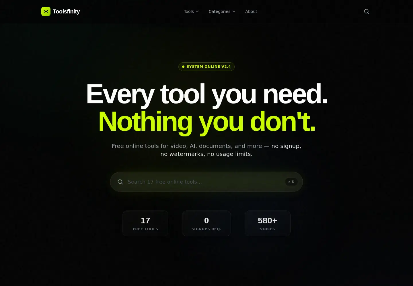 Captured homepage of toolsfinity.io in the current scan