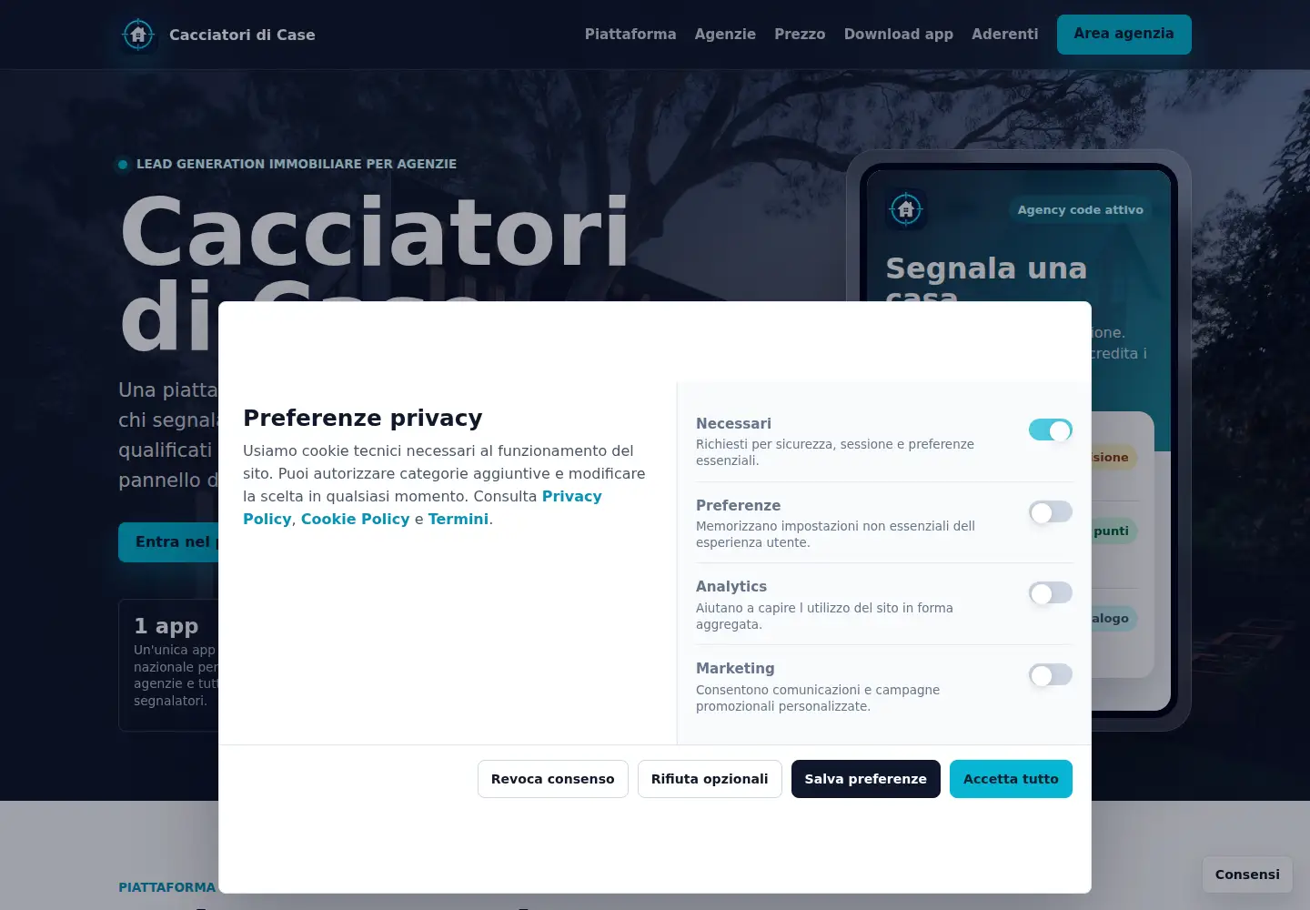 Captured homepage of cacciatoridicase.it in the current scan